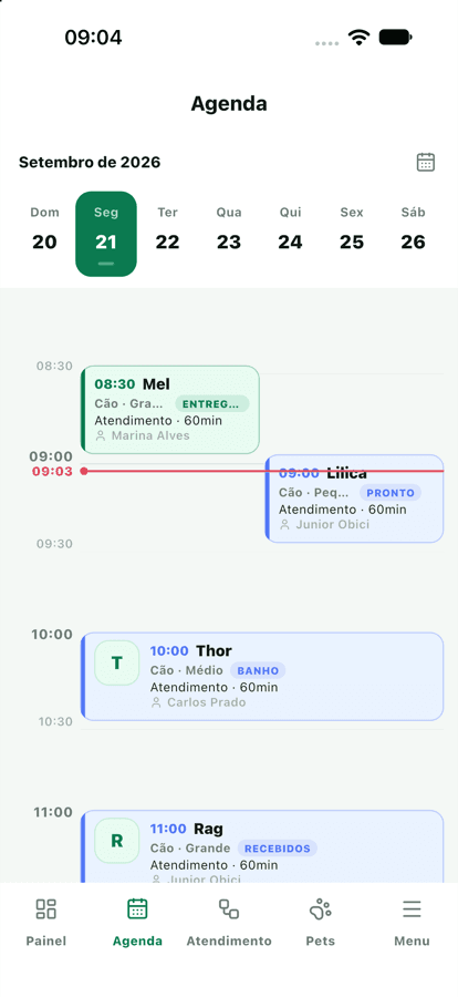 Agenda do PetLimpo Pro com os horários do dia e o pet de cada um