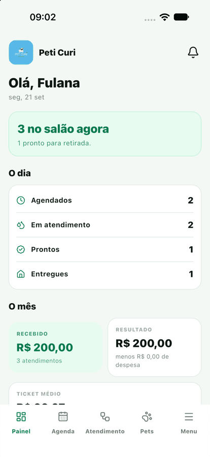 Painel do PetLimpo Pro mostrando quantos pets estão no salão e o recebido do mês