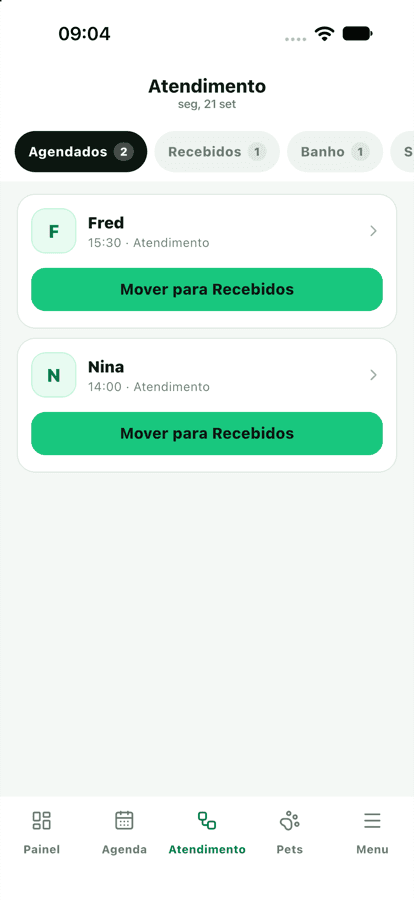 Tela de atendimento do PetLimpo Pro com os pets divididos por etapa