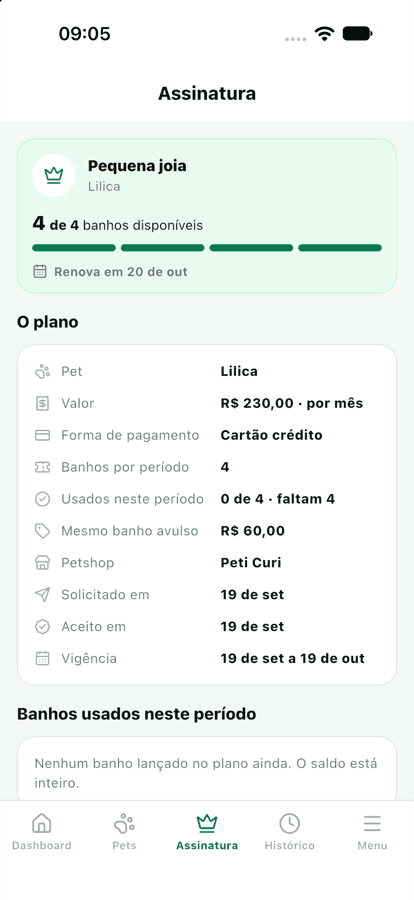Tela de assinatura do aplicativo PetLimpo com os banhos disponíveis no plano