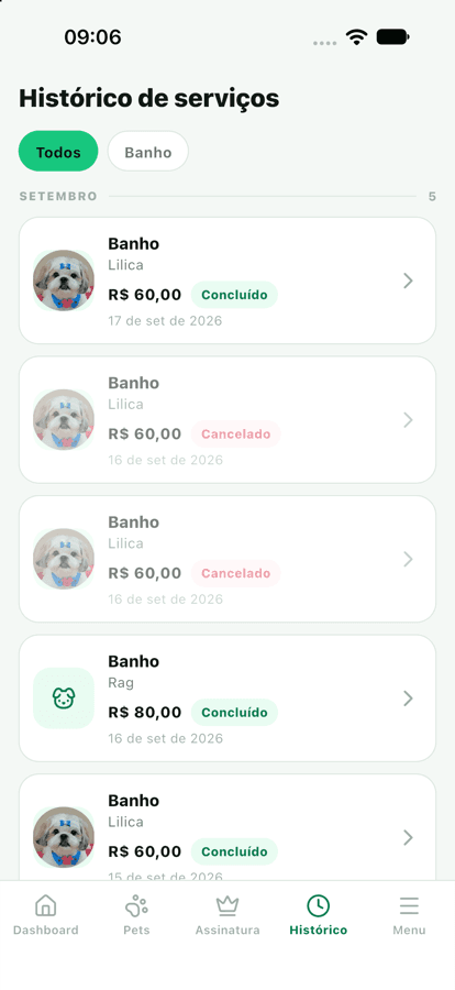 Histórico de serviços no aplicativo PetLimpo, com data e valor de cada banho