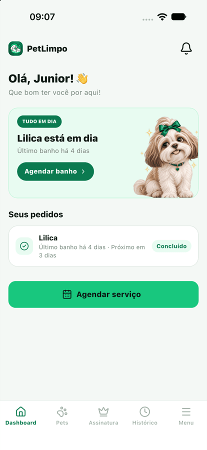 Tela inicial do aplicativo PetLimpo mostrando que o pet está em dia com o banho