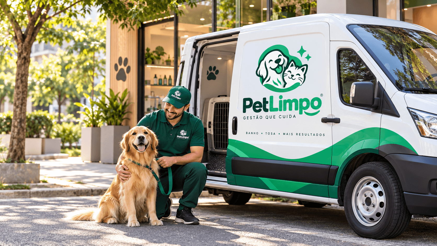 Profissional do PetLimpo ao lado da van de leva e traz com um cachorro