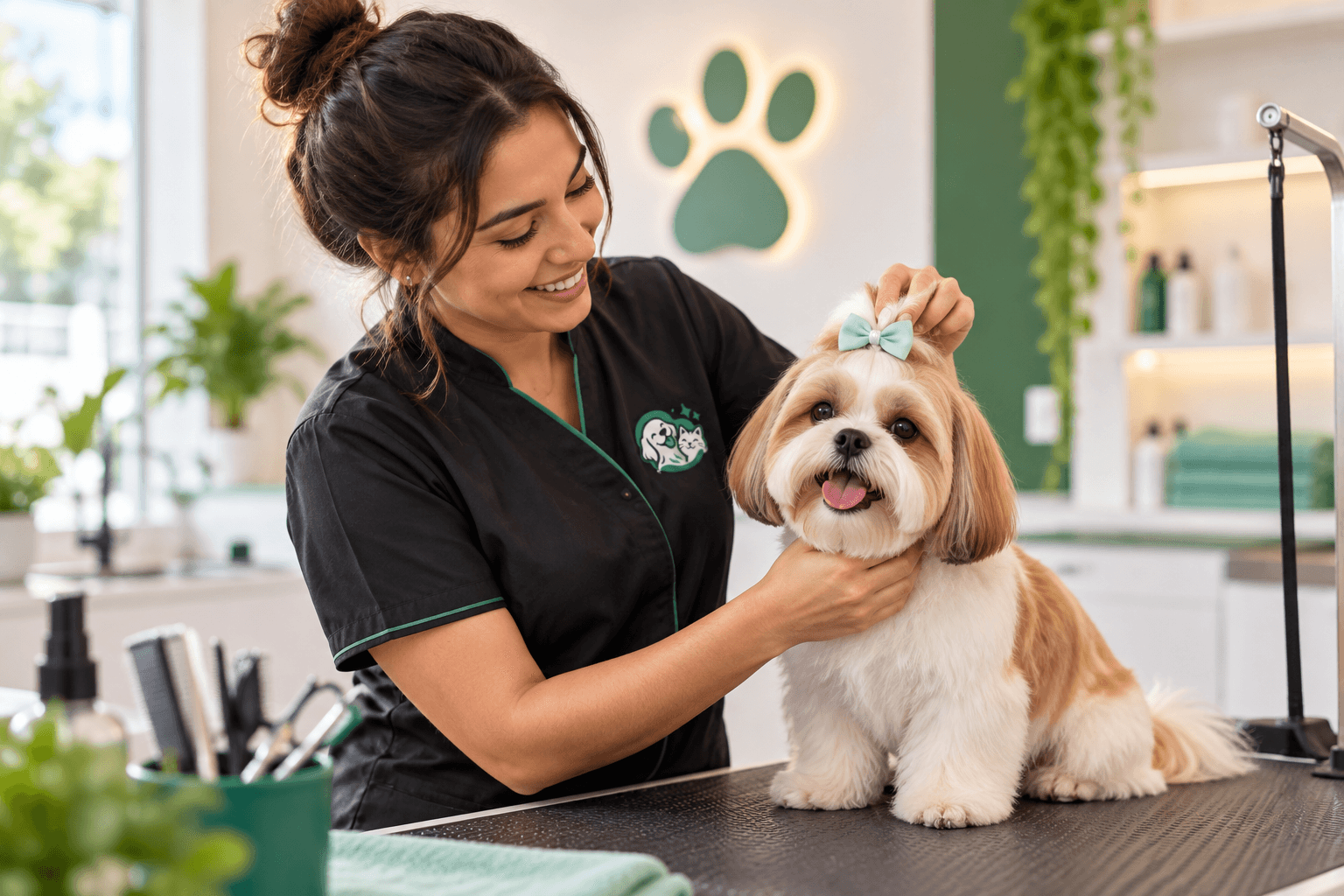 Profissional finalizando a tosa de um cachorro no salão