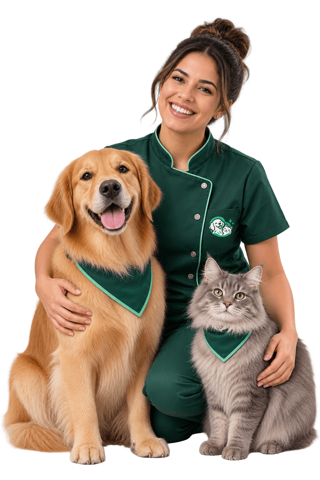 Profissional de banho e tosa com um cachorro e um gato no colo